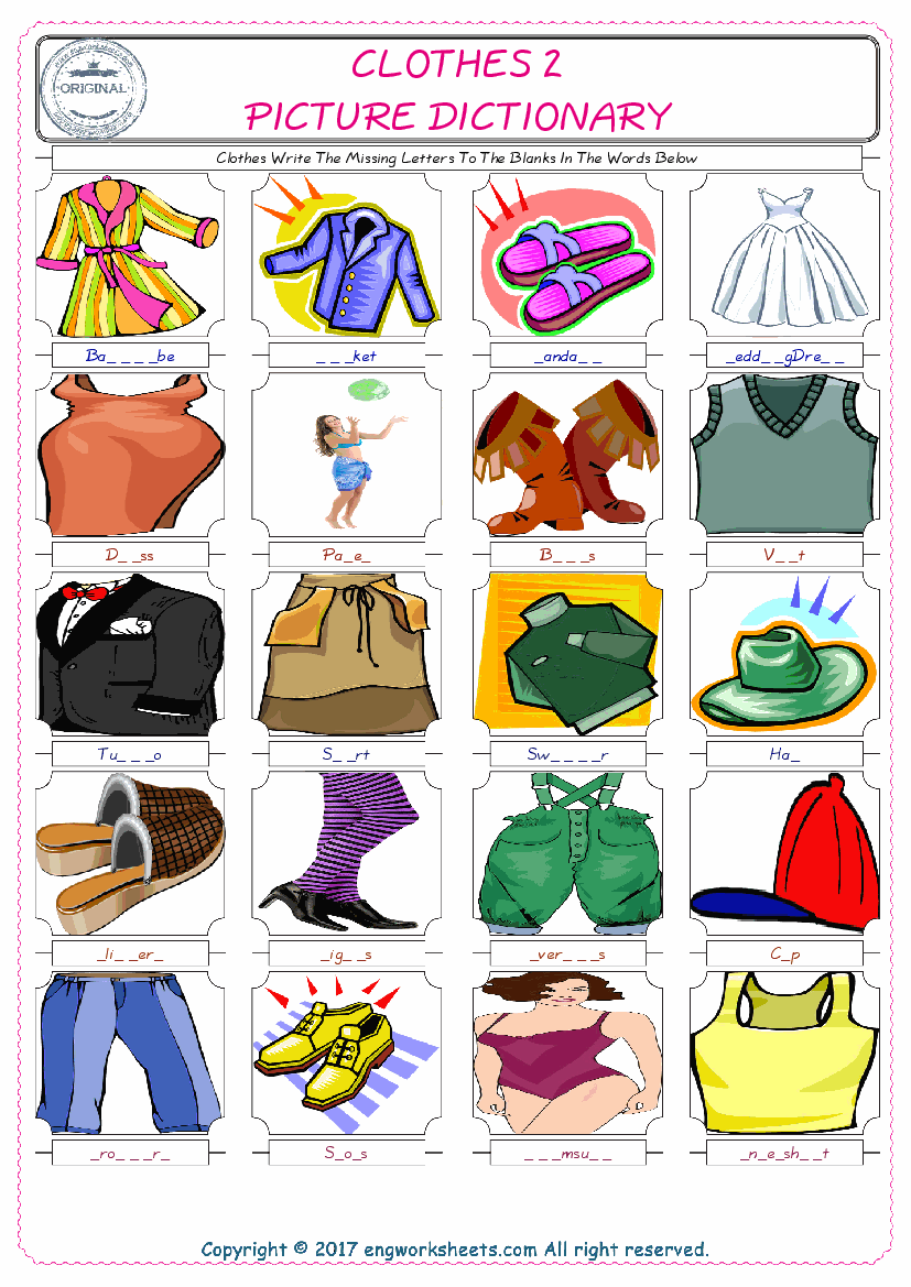  Clothes Words English worksheets For kids, the ESL Worksheet for finding and typing the missing letters of Clothes Words 